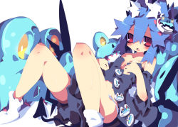 Rule 34 | 1girl, animal ears, bare shoulders, blue hair, blush, breasts, dango mushi, demon tail, dress, hair ornament, legs up, looking at viewer, lying, on back, open mouth, original, panties, pantyshot, red eyes, sketch, small breasts, socks, solo, tail, unbuttoned, underwear