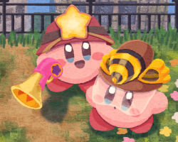Rule 34 | brown headwear, copy ability, drill kirby, flower, grass, hat, headlamp, helmet, kirby, kirby (series), kirby and the forgotten land, miclot, nintendo, no humans, open mouth, outdoors, railing, ranger kirby, red headwear, smile, visor cap