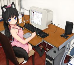 Rule 34 | 1girl, adobe photoshop, animal ears, bad id, bad pixiv id, bare shoulders, black hair, black thighhighs, blue eyes, blush, bow, bra strap, breasts, chair, cleavage, computer, crt, dog ears, drawing, drawing tablet, dress, extra ears, feet, female focus, fox ears, fox tail, highres, keyboard (computer), long hair, looking back, monitor, mouse (computer), no shoes, original, painttool sai, ponytail, recursion, ribbon, sitting, small breasts, solo, stylus, tail, tenyoshi (briansept), thighhighs, wacom, zettai ryouiki