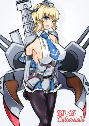 Rule 34 | 1girl, absurdres, black pantyhose, blonde hair, blue eyes, blue necktie, breasts, capelet, character name, clock, colorado (kancolle), cowboy shot, dress, garrison cap, grey dress, grey hat, hat, headgear, highres, kantai collection, large breasts, looking at viewer, machinery, necktie, open mouth, pantyhose, sangyou haikibutsu a, short hair, sideboob, simple background, smile, solo, standing, white background