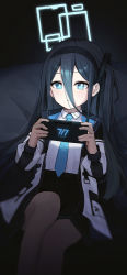Rule 34 | absurdres, aris (blue archive), black hair, black sky, blue archive, blue eyes, collared shirt, game console, gnns, halo, highres, holding, jacket, knee up, lying, necktie, on back, one side up, pantyhose, pleated skirt, pocket, school uniform, shirt, skirt, sky, white pantyhose