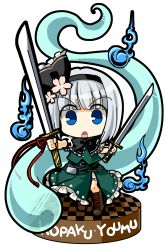 Rule 34 | 1girl, bad id, bad pixiv id, belt, blue eyes, bob cut, boots, bow, character name, checkered floor, chibi, cross-laced footwear, dual wielding, female focus, floor, flower, ghost, hair bow, hair flower, hair ornament, highres, hitodama, holding, katana, konpaku youmu, konpaku youmu (ghost), lace-up boots, short hair, side slit, silver hair, skirt, socha, solo, sword, tanto, touhou, transparent background, vest, weapon