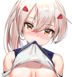 Rule 34 | 1girl, ayanami (azur lane), azur lane, bare shoulders, blush, breasts, closed mouth, clothes in mouth, clothes lift, detached sleeves, hair between eyes, hair ornament, hairclip, head tilt, highres, kian, lifted by self, light brown hair, looking at viewer, medium breasts, mouth hold, no bra, nose blush, orange eyes, out-of-frame censoring, ponytail, shirt, shirt in mouth, shirt lift, simple background, sleeveless, sleeveless shirt, solo, upper body, white background