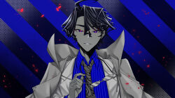 Rule 34 | absurdres, ahoge, black background, black hair, blue eyes, blue shirt, coat, coat on shoulders, collared shirt, fate/grand order, fate (series), formal, glasses, hair between eyes, highres, holding, holding removed eyewear, looking at viewer, male focus, necktie, shirt, short hair, smile, solo, striped background, striped clothes, striped shirt, suit, two-tone background, unworn eyewear, upper body, waonwaon2121, white suit, yoshida shouin (fate)