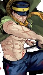 Rule 34 | 1boy, abs, bara, blood, blood on arm, blue pants, closed mouth, cuts, facial scar, fighting stance, golden kamuy, hat, highres, holding, holding sword, holding weapon, injury, looking at viewer, muscular, muscular male, navel, pants, scar, scar on arm, scar on cheek, scar on chest, scar on face, scar on mouth, scar on nose, scarf, solo, sugimoto saichi, sword, tktk5610, weapon, white background, yellow eyes, yellow scarf