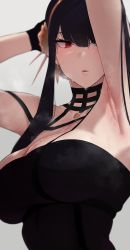 Rule 34 | 1girl, absurdres, arm behind head, armpits, arms up, black choker, black gloves, black hair, breasts, breath, choker, close-up, earrings, flower, gloves, gold earrings, gold hairband, hair flower, hair ornament, hairband, highres, jewelry, kagto (alterna), large breasts, long hair, one eye covered, parted lips, red eyes, rose, sidelocks, solo, spikes, spy x family, steaming body, sweat, upper body, yor briar