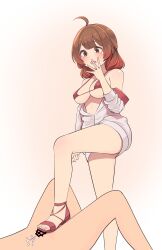 1boy 1girl absurdres ahoge bar_censor bare_shoulders bikini breasts brown_eyes brown_hair censored covered_erect_nipples cum ejaculation femdom hanami_ume highres idolmaster jacket kikiu_bd long_hair medium_breasts sadism sweater_jacket swimsuit