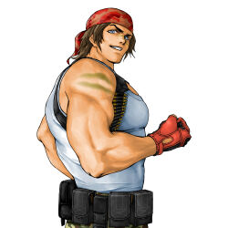 Rule 34 | 1boy, ammunition belt, bandana, bare shoulders, belt, blue eyes, bodypaint, brown hair, camouflage, camouflage pants, clenched hand, cowboy shot, gloves, grin, highres, looking at viewer, male focus, muscular, muscular male, pants, parted bangs, ralf jones, red bandana, red gloves, shirt, short hair, sleeveless, sleeveless shirt, smile, solo, tank top, teeth, the king of fighters, the king of fighters xv, white background, white tank top, x chitch