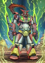 Rule 34 | arm blade, armor, aura, cloak, drill, getter-1, getter rays, getter robo, green light, green lightning, highres, holding, holding weapon, joints, light particles, mecha, multicolored armor, no humans, red armor, red cloak, robot, robot joints, ruins, science fiction, spikes, super robot, tonfa, torn cloak, torn clothes, weapon, white armor, yamanushi, yellow armor, yellow eyes