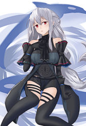 Rule 34 | 1girl, arknights, arm cuffs, ascot, bare shoulders, beijiushui, belt, black ascot, black gloves, black pants, black shirt, clothing cutout, commentary request, elite ii (arknights), feet out of frame, gloves, hair between eyes, hand on own chest, head tilt, highres, infection monitor (arknights), jewelry, long hair, looking at viewer, low-tied long hair, no headwear, orca, pants, parted lips, partial commentary, red eyes, shirt, silver hair, sitting, skadi (arknights), skadi (elite ii) (arknights), sleeveless, sleeveless shirt, solo, thigh cutout, thigh gap, thighs, very long hair, white background