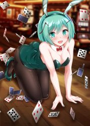 Rule 34 | 1girl, :d, absurdres, animal ears, antennae, black pantyhose, blurry, blurry background, breasts, card, cleavage, commentary, full body, green eyes, green footwear, green hair, green leotard, green nails, high heels, highres, indoors, large breasts, leotard, looking at viewer, muki (munikichan), nail polish, open mouth, pantyhose, playboy bunny, playing card, rabbit ears, short hair, smile, solo, touhou, wriggle nightbug