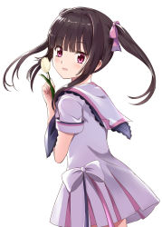 Rule 34 | 1girl, :d, black hair, black neckerchief, bow, commentary request, dress, flower, hair bow, hand up, holding, holding flower, long hair, looking at viewer, looking to the side, neckerchief, open mouth, pink bow, pleated dress, purple eyes, rikopin, sailor collar, sailor dress, senki zesshou symphogear, simple background, smile, solo, tsukuyomi shirabe, tulip, twintails, white background, white bow, white dress, white flower, white sailor collar