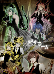 Rule 34 | 2boys, 4girls, animal ears, blonde hair, blue eyes, blue hair, brown eyes, brown hair, cat, cat ears, cat tail, dog ears, dress, everyone, formal, goth fashion, green eyes, green hair, guitar, hatsune miku, highres, instrument, itto maru, kagamine len, kagamine rin, kaito (vocaloid), lace, lipstick, long hair, looking at viewer, makeup, megurine luka, meiko (vocaloid), microphone, multiple boys, multiple girls, necktie, pale skin, pink hair, rabbit ears, risky game (vocaloid), siblings, suit, tail, tattoo, thighhighs, twins, twintails, very long hair, violin, vocaloid