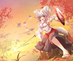 Rule 34 | 1girl, animal ears, autumn, detached sleeves, dutch angle, hat, highres, inubashiri momiji, leaf, open mouth, outdoors, pekoneko, pom pom (clothes), red eyes, shield, short hair, silver hair, skirt, solo, sunrise, sword, tail, tokin hat, touhou, weapon, wolf ears, wolf tail