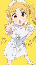 Rule 34 | 1girl, absurdres, alternate costume, artist name, blonde hair, blush, bocchi the rock!, brown eyes, commentary, dress, hand on own hip, hat, highres, id card, ijichi nijika, long hair, looking at viewer, nurse, nurse cap, open mouth, parted bangs, pointing, pointing at viewer, short sleeves, side ponytail, socks, solo, white dress, white footwear, white hat, white socks, yellow background, zetsuyo chimayo