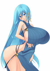 Rule 34 | 1girl, bare shoulders, blue eyes, blue hair, bluespice, breasts, cross, dress, earrings, female focus, highres, huge breasts, jewelry, leaning forward, long hair, long neck, looking at viewer, matching hair/eyes, nail polish, no bra, no panties, original, profile, sideboob, simple background, smile, solo, standing, thighs, turtleneck, very long hair, white background