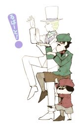 Rule 34 | !, 3boys, ace attorney, ashley graydon, beret, black hair, blonde hair, bow, bowtie, brothers, collared shirt, facial hair, from side, gloves, green headwear, green jacket, hat, jacket, leg up, long sleeves, looking at another, male focus, minashirazu, multiple boys, mustache, nash skulkin, pants, parody, red headwear, red jacket, ringo skulkin, shirt, short hair, shorts, siblings, smile, standing, standing on one leg, the great ace attorney, the great ace attorney: adventures, top hat, vest, white footwear, white gloves, white jacket, white pants, white shirt, yotsubato!