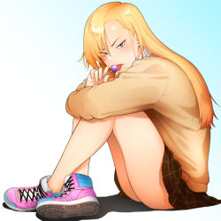 Rule 34 | 1girl, :p, ass, blonde hair, blue background, blush, candy, food, full body, gradient background, licking, lollipop, long hair, looking at viewer, miniskirt, mole, mole under mouth, original, school uniform, shoes, sitting, skirt, sneakers, solo, suruga kreuz, tongue, tongue out, v-shaped eyebrows