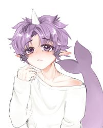 Rule 34 | 1boy, :3, absurdres, cetacean tail, fang, fins, fish tail, highres, horns, indie virtual youtuber, long sleeves, looking up, narwhal, pale skin, pointy ears, purple eyes, purple hair, sevenine, shirt, single horn, tail, tearing up, uncertain88, virtual youtuber, white background, white shirt