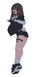Rule 34 | 1girl, black jacket, blush, chain, choker, denim, denim shorts, full body, highres, jacket, legs, long hair, looking at viewer, mamaloni, mamaloni (character), original, pacifier, shoes, short shorts, shorts, simple background, sneakers, solo, thigh strap, thighs, white background