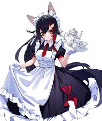 Rule 34 | 1girl, alternate costume, animal ears, apron, black dress, black hair, breasts, creamer (vessel), cup, dress, enmaided, expressionless, feet out of frame, frilled apron, frills, gloves, hair ornament, hairpin, highres, holding, holding tray, hololive, long hair, maid, maid apron, maid headdress, medium breasts, multicolored hair, necktie, ninsaki (9saki), ookami mio, ponytail, red hair, red necktie, side ponytail, sidelocks, simple background, spiked hair, streaked hair, tea set, teacup, teapot, tray, very long hair, virtual youtuber, white apron, white background, white gloves, wide ponytail, wolf ears, wolf girl