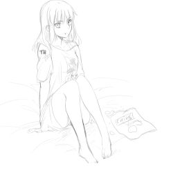 Rule 34 | 1girl, :t, alternate costume, artoria pendragon (all), artoria pendragon (fate), bare legs, barefoot, bottomless, cameo, chips (food), fate/stay night, fate (series), female focus, flandre scarlet, food, greyscale, kirisame marisa, knees together feet apart, long hair, monochrome, potato chips, saber (fate), saber alter, shirt, sketch, solo, t-shirt, touhou, tusia, wings
