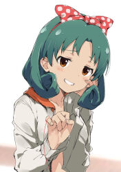 Rule 34 | 1girl, blush, breasts, brown eyes, collarbone, curly hair, dot nose, green hair, grin, hand on own face, hands up, head rest, idolmaster, idolmaster million live!, idolmaster million live! theater days, jacket, long sleeves, looking at viewer, medium breasts, medium hair, naked jacket, open clothes, open jacket, parted bangs, pinky out, rauto, simple background, smile, solo, tokugawa matsuri, upper body, white background, white jacket, zipper