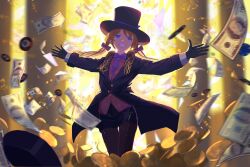 Rule 34 | 1girl, absurdres, banknote, black gloves, black hat, blue eyes, coin, formal, gloves, gold coin, hat, highres, long hair, looking at viewer, low twintails, money, original, pants, phantom thief, poker chip, smile, solo, standing, suit, thighhighs, twintails, uroam