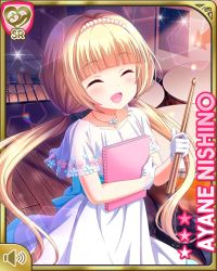 Rule 34 | 1girl, :d, anniversary, beads, blonde hair, blue bow, bow, card, character name, closed eyes, dress, drumsticks, girlfriend (kari), gloves, headband, indoors, night, nishino ayane, official art, open mouth, qp:flapper, red eyes, smile, standing, tagme, twintails, white dress, white gloves