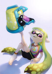 Rule 34 | 1girl, anklet, barefoot, black shorts, blunt bangs, colored tongue, full body, green hair, highres, inkling, inkling (language), inkling girl, inkling player character, jewelry, leg up, long hair, multicolored clothes, multicolored skirt, nintendo, open mouth, pink eyes, pointy ears, shirt, short sleeves, shorts, sitting, skirt, slosher (splatoon), solo, splatoon (series), splatoon 2, t-shirt, tentacle hair, tie-dye, white background, yellow tongue, yoshika (kotorizinbei)