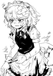 Rule 34 | 1girl, apron, bandaid, bandaid on head, blush, bow, bowtie, braid, buttons, collared shirt, commentary, cowboy shot, dress, facing viewer, frilled apron, frilled dress, frills, greyscale, hair bow, high contrast, holding, holding knife, holding weapon, izayoi sakuya, knife, long hair, maguro (mawaru sushi), maid, maid apron, maid headdress, monochrome, puffy short sleeves, puffy sleeves, scratches, shirt, short sleeves, simple background, solo, tears, torn apron, torn clothes, torn dress, torn shirt, touhou, twin braids, v-shaped eyebrows, waist apron, weapon, wrist cuffs