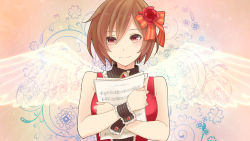 Rule 34 | 1girl, angel wings, blush, brown eyes, brown hair, choker, crossed arms, floral background, flower, hair ribbon, happy, heart, jewelry, kirita asami, looking at viewer, meiko (vocaloid), nail polish, paper, pink background, red flower, red nails, red rose, red shirt, ribbon, rose, sheet music, shirt, short hair, simple background, sleeveless, sleeveless shirt, smile, solo, solo focus, upper body, vocaloid, wings