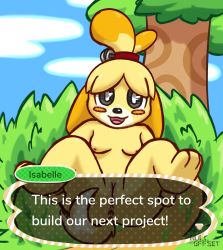 Rule 34 | 1girl, :3, animal crossing, animal ears, animal hands, anus, artist name, barefoot, bell, black eyes, blonde hair, blue sky, blush, blush stickers, breasts, bush, character name, cloud, day, dog ears, dog girl, dog tail, english text, female focus, full body, furry, furry female, grass, hair bell, hair ornament, hair tie, happy, highres, isabelle (animal crossing), jingle bell, legs up, looking at viewer, nintendo, nipples, nude, nulloffset, open mouth, outdoors, presenting, pussy, short hair, sitting, sky, small breasts, smile, solo, speech bubble, spread legs, tail, talking, text focus, topknot, tree, uncensored, watermark