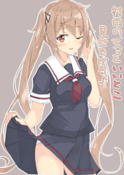 Rule 34 | 1girl, beritabo, black serafuku, black skirt, breasts, brown eyes, clothes lift, flail, grey background, hair flaps, kantai collection, lifted by self, light brown hair, long hair, murasame (kancolle), neckerchief, open mouth, panties, pleated skirt, red neckerchief, sailor collar, school uniform, serafuku, short sleeves, skirt, skirt lift, smile, solo, text focus, twintails, underwear, weapon, white panties