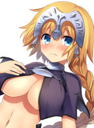 Rule 34 | 1girl, blonde hair, blue eyes, blush, braid, breasts, cleavage, convenient censoring, embarrassed, fate/grand order, fate (series), headgear, jeanne d&#039;arc (fate), jeanne d&#039;arc (ruler) (fate), large breasts, looking at viewer, midriff, solo, white background