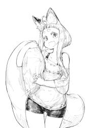 Rule 34 | 1girl, :d, ahoge, animal ear fluff, animal ears, bike shorts, blunt bangs, blush, commentary request, cowboy shot, fang, fox ears, fox girl, fox girl (jaco), fox tail, greyscale, holding own tail, jaco, long hair, long tail, looking at viewer, monochrome, off-shoulder shirt, off shoulder, open mouth, original, see-through, shirt, short hair with long locks, short sleeves, sidelocks, simple background, smile, solo, standing, tail, thick eyebrows, white background