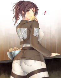 Rule 34 | !, 1girl, ass, bad id, bad pixiv id, blush, bowl, breasts, brown eyes, brown hair, eating, food, food on face, from behind, huge ass, impossible clothes, insignia, jacket, large breasts, looking at viewer, looking back, monnyannyan, pantylines, pocket, ponytail, potato, sasha blouse, shingeki no kyojin, skin tight, solo, sweat, thigh strap