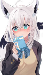 Rule 34 | 1girl, ahoge, alternate costume, animal ear fluff, animal ears, aqua eyes, black jacket, blue bow, blue bowtie, blush, bow, bowtie, braid, breasts, brown sweater, closed mouth, collared shirt, commentary request, earrings, embarrassed, fox ears, fox girl, fox tail, gift, hair between eyes, hand up, highres, holding, holding gift, hololive, jacket, jewelry, long hair, looking to the side, medium breasts, open clothes, open jacket, polyethyle, raised eyebrows, shirakami fubuki, shirt, side braid, sidelocks, single earring, solo, sweater, tail, valentine, virtual youtuber, white hair, white shirt