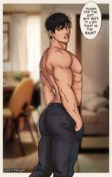 Rule 34 | 1boy, absurdres, artist name, ass, back, bara, black hair, black pants, blurry, blurry background, border, english text, fushiguro touji, hands in pockets, highres, indoors, jujutsu kaisen, large pectorals, male focus, muscular, muscular male, nipples, pants, pectorals, scar, scar on face, scar on mouth, short hair, solo, topless male, vikkodraws, white border