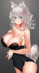 Rule 34 | 1girl, animal ear fluff, animal ears, bare arms, bare shoulders, black leotard, blue eyes, blush, breasts, cleavage, collarbone, commentary request, cowboy shot, gradient background, grey background, hair between eyes, highres, large breasts, leotard, long hair, looking at viewer, moruchi (rinaka moruchi), nontraditional playboy bunny, original, playboy bunny, silver hair, solo, standing, strapless, strapless leotard, tail, wolf ears, wolf tail