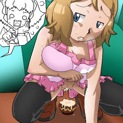 Rule 34 | 2girls, aliasing, alternate color, apron, black thighhighs, bloggerman, blush, boots, breasts, brown footwear, censored, creatures (company), flying sweatdrops, game freak, icing, large breasts, light brown hair, lowres, miette (pokemon), mosaic censoring, multiple girls, nintendo, no panties, nude, open mouth, pink apron, pointing, pointless censoring, pokemon, public indecency, pussy, serena (pokemon), short hair, squatting, sweat, tagme, thighhighs