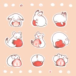 Rule 34 | :3, :d, animal, animal focus, biting, blush stickers, brown background, daifuku, eating, ermine, facing away, food, fruit, hamster, ichigo daifuku, konanbo, looking at viewer, lying, mochi, multiple views, no humans, hugging object, on food, on stomach, open mouth, original, outline, rabbit, simple background, sitting, smile, strawberry, wagashi, weasel, white outline