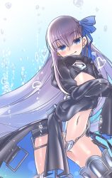 Rule 34 | 1girl, :p, bikini, bikini bottom only, blue eyes, blush, breasts, bubble, commentary, fate/grand order, fate (series), hair ribbon, long coat, long hair, looking at viewer, meltryllis (fate), mentaiko mamire, purple hair, ribbon, sleeves past wrists, small breasts, stomach, swimsuit, thighs, tongue, tongue out