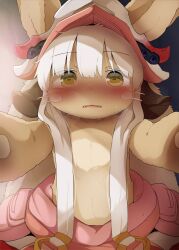 Rule 34 | 1other, blunt bangs, blush, body fur, brown eyes, dagashi (daga2626), fangs, furry, hat, highres, long hair, looking at viewer, made in abyss, nanachi (made in abyss), pov, solo, sweat, wavy mouth, whiskers, white hair