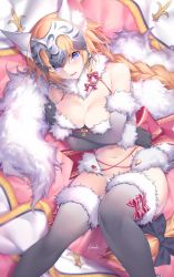 Rule 34 | 1girl, animal ear fluff, animal ears, artist name, banner, bare shoulders, bikini, blonde hair, blue eyes, blush, bow, braid, breast hold, breasts, cleavage, cosplay, costume, elbow gloves, fate/apocrypha, fate/grand order, fate (series), fur-trimmed gloves, fur-trimmed legwear, fur collar, fur trim, gloves, gold trim, grey gloves, grey thighhighs, hair bow, halloween costume, headpiece, hip focus, jeanne d&#039;arc (fate), jeanne d&#039;arc (ruler) (fate), kousaki rui, large breasts, long braid, long hair, lying, mash kyrielight, mash kyrielight (dangerous beast), mash kyrielight (dangerous beast) (cosplay), navel, o-ring, o-ring top, official alternate costume, on side, open mouth, panties, red bow, revealing clothes, shielder (fate/grand order), shielder (fate/grand order) (cosplay), signature, single braid, solo, string bikini, swimsuit, tail, teeth, thighhighs, underwear, very long hair, white bikini, wolf ears, wolf tail