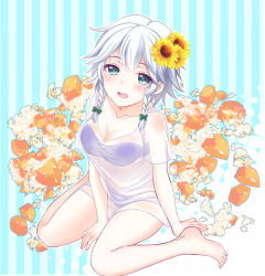 Rule 34 | 1girl, :d, aqua eyes, arm support, bandeau, bare legs, barefoot, bikini, bikini under clothes, blue background, blue bikini, blush, bow, braid, breasts, cleavage, collarbone, commentary request, flower, full body, green bow, hair between eyes, hair bow, hair flower, hair ornament, highres, izayoi sakuya, looking at viewer, medium breasts, mike (mikenekotei), no pants, open mouth, see-through, shirt, short hair, short sleeves, silver hair, sitting, smile, solo, strapless, strapless bikini, striped, striped background, sunflower, swimsuit, thighs, touhou, twin braids, vertical stripes, wariza, white shirt