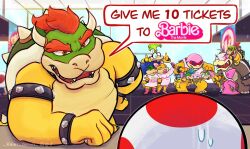 Rule 34 | :3, barbie (franchise), barbie (live action), blue hair, bow, bowser, bowser jr., carrying, colored skin, crazy eyes, doll, double thumbs up, fangs, father and son, glasses, green hair, green skin, hair bow, hair ornament, hairclip, highres, holding, holding doll, horns, iggy koopa, kairy draws, kamek, koopalings, larry koopa, lemmy koopa, ludwig von koopa, mario (series), morton koopa jr., movie theater, multicolored hair, neckerchief, nintendo, piggyback, pink footwear, pink neckerchief, pointy hat, polka dot, polka dot bow, red hair, roy koopa, selfie, sharp teeth, shirt, siblings, spiked hair, spiked shell, sunglasses, sweatdrop, t-shirt, teeth, thick eyebrows, thick lips, thumbs up, toad (mario), tongue, tongue out, v, wendy o. koopa, wrinkled skin