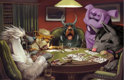 Rule 34 | animal focus, card, commentary, creatures (company), cup, curtains, dog, dogs playing poker, drinking glass, english commentary, fine art parody, furfrou, furfrou (natural), game freak, gen 1 pokemon, gen 2 pokemon, gen 3 pokemon, gen 6 pokemon, granbull, growlithe, horns, houndoom, indoors, madcookiefighter, mightyena, nintendo, parody, playing card, pokemon, pokemon (creature), poker, poker chip, poker table, realistic, sharp teeth, sitting, smoking pipe, table, teeth, water, window