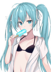 Rule 34 | 1girl, absurdres, ahoge, bikini, black bikini, breasts, collarbone, commentary, eating, food, hair ribbon, hand up, hatsune miku, highres, holding, holding food, long hair, maud0239, navel, open clothes, open shirt, popsicle, raised eyebrow, ribbon, shirt, short sleeves, small breasts, solo, sweat, swimsuit, twintails, upper body, very long hair, vocaloid, white background, white ribbon, white shirt