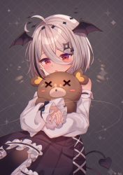 Rule 34 | 1girl, :o, ahoge, argyle, argyle background, argyle clothes, bare shoulders, black nails, black skirt, commentary, demon tail, demon wings, diamond hair ornament, frilled skirt, frills, grey background, grey hair, hair between eyes, head wings, highres, hinatsu nono, holding, holding stuffed toy, indie virtual youtuber, long sleeves, looking down, nail polish, open mouth, red eyes, roin, shirt, short hair, simple background, skirt, sleeves past wrists, solo, sparkle, stuffed animal, stuffed toy, tail, teddy bear, virtual youtuber, white shirt, wings, x x
